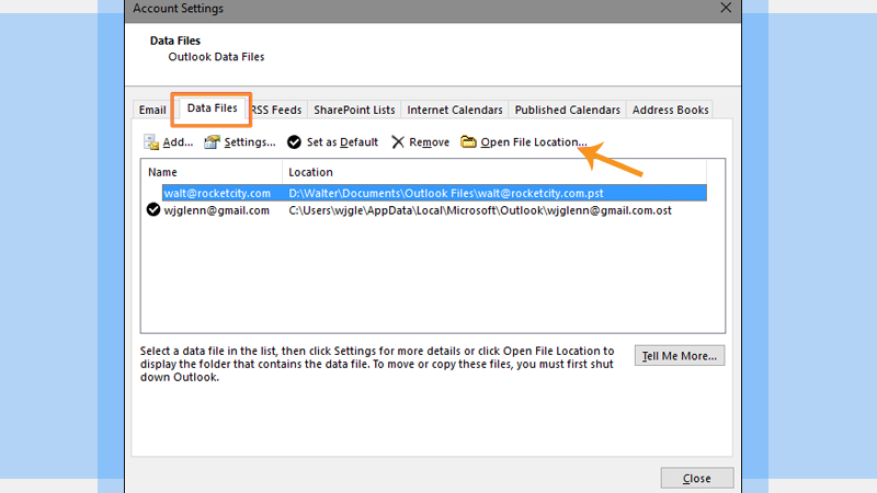 Check MS Outlook PST location